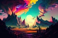 Psychedelic glitch art with distorted shapes and colors, resembling an otherworldly landscape