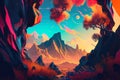 Psychedelic glitch art with distorted shapes and colors, resembling an otherworldly landscape