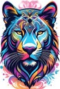 A psychedelic graphic design of a colorful panther head, mysterious, animal art, fantasy, on white background, t-shirt prints