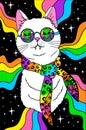 psychedelic groovy white cat in sunglasses, space retro trip Royalty Free Stock Photo