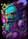 Psychedelic hallucinations. Vibrant illustration. Surreal images. Template for cards, stickers, baners, posters, web