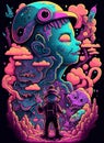 Psychedelic hallucinations. Vibrant illustration. Surreal images. Template for cards, stickers, baners, posters, web