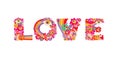 Psychedelic hippie love lettering with colorful abstract flowers, rainbow, peace symbol, eyes and fly agaric. Isolated on white ba