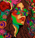 Psychedelic hippie woman with glasses. vector poster