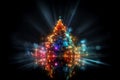 Psychedelic holographic Christmas tree illuminated with colorful magical lights. Neon glowing blurred background