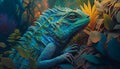 Psychedelic Iguana in the enchanted forest. Fairy tale illustration of a Iguana, a fictional image