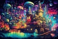 Psychedelic illustration of another world with big red mushrooms and houses. Generative AI