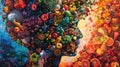 A psychedelic illustration of a person formed from a kaleidoscopic array of food items, that express the chaotic