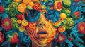 A psychedelic illustration of a person formed from a kaleidoscopic array of food items, that express the chaotic