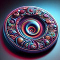 A psychedelic inspired badge with swirling patterns, neon colo