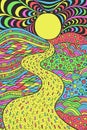 Psychedelic landscape. Colorful trippy artwork with line art. Pathway in meadows and waves. Seaside illustration. Doodle drawing. Royalty Free Stock Photo