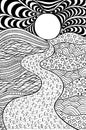 Psychedelic landscape. Coloring page for adults. Pathway in meadows and waves. Seaside illustration. Doodle drawing. Vector Royalty Free Stock Photo