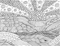 Psychedelic landscape. Coloring page for adults. Sea sunset.Sun, ocean, sky and clound. Oceanic waves. Seaside illustration.