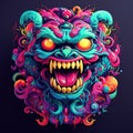 A psychedelic monster character with fluorescent colors, swirling patterns, and abstract shapes by AI generated