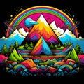 a psychedelic mountain landscape with a rainbow in the sky