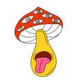 Psychedelic mushroom character in groovy style. Fly agaric with hypnotized eyes. Vector illustration isolated on a white