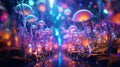 A psychedelic mushroom field with colorful lights, AI