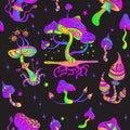 Psychedelic mushroom pattern. Magic neon shroom seamless print, trippy dope trance fairy fantasy dreams crazy hippie