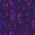 Psychedelic mushroom seamless pattern.Bright pink violete gradient outline, dark purpule background