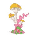 Psychedelic Mushroom and smoking weed. Hippie acid lcd journey concept. The cartoon fungus is so high. Linear hand drawn