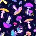 Psychedelic mushrooms pattern. 60s hippie, colorful poisonous fly agaric. Bright summer illustration in Sketch style