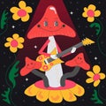 Psychedelic Musical Posters, Covers Stylization, 1960s, 1970s Mushroom and Guitar, Floral Decorations
