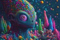 Psychedelic neon colorful alien world and alien creatures many aliens are bright vivid and colourful