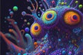 Psychedelic neon colorful alien world and alien creatures many aliens are bright vivid and colourful
