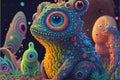 Psychedelic neon colorful alien world and alien creatures many aliens are bright vivid and colourful