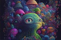 Psychedelic neon colorful alien world and alien creatures many aliens are bright vivid and colourful