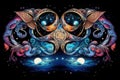 a psychedelic painting of a pair of eyes with a moon and stars in the background