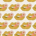Psychedelic Pattern Lips With Flowers In 70s 80s Retro Hippie Style