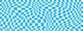 Psychedelic pattern with warped blue and white squares. Distorted chess board background. Checkered optical illusion