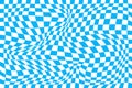 Psychedelic pattern with warped blue and white squares. Distorted chess board background. Chequered visual illusion