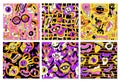 Psychedelic patterns. Abstract seamless background with colored funky symbols in retro 70s style emoticons flowers