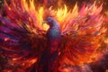 Psychedelic phoenix rising from the flames. AI generated Royalty Free Stock Photo