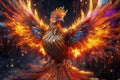 Psychedelic phoenix rising from the flames. AI generated Royalty Free Stock Photo