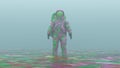 Psychedelic Pink an Green Spaceman with Green Visor Standing in Liquid in a Foggy Overcast Alien Environment