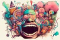 Psychedelic portrait of sweet tooth. Open mouth with many sweets, confectionery Royalty Free Stock Photo