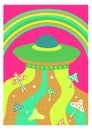 Psychedelic poster with rainbow and flying ufo in retro style Royalty Free Stock Photo