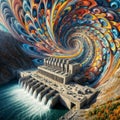 Psychedelic Flow: Hydroelectric Plant in Vibrant Surrealism, generative ai