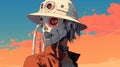 Psychedelic Realism: Scifi Character With Robot Mask And Straw Hat