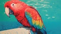 Psychedelic Realism: Vibrant Parrot By Cool Water With Risograph Ra 7400 Texture