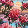 Psychedelic realism with watercolor roses on a sea and cloud backdrop (tiled)