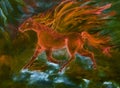 Psychedelic red horse of the apocalypse in fire and flame.