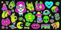 Psychedelic retro space, rainbow and surreal elements sticker. Abstract cartoon weird emoji, girl and cat character. Holutination