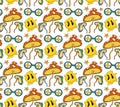 Psychedelic 70s seamless pattern with mushrooms and melting cartoon faces. Vector illustration Royalty Free Stock Photo