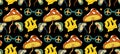 Psychedelic 70s seamless pattern with mushrooms and melting cartoon faces. Vector illustration Royalty Free Stock Photo