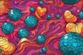 Psychedelic seamless pattern with heart shaped disco balls Royalty Free Stock Photo