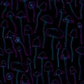 Psychedelic seamless pattern with Psilocybin or hallucinogenic mushrooms hand drawn with colorful lines on black Royalty Free Stock Photo